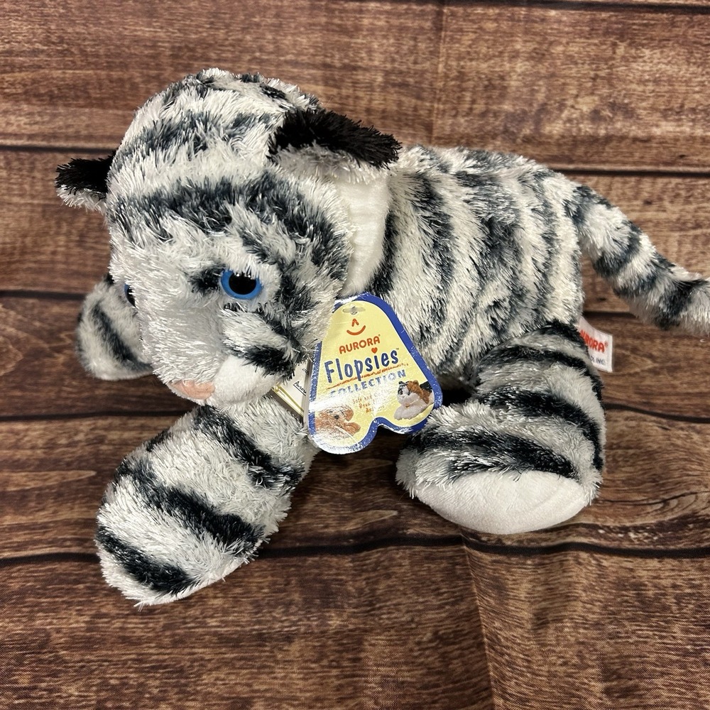 Aurora Flopsies Zeus the White Tiger Plush 13" Stuffed Animal Bean Filled w/ Tag